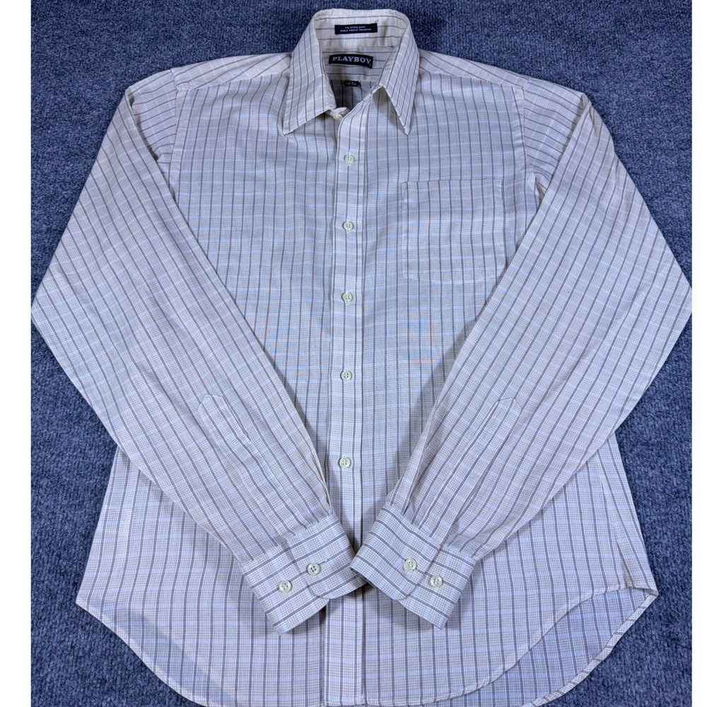 Playboy Mens Vintage Fitted Button Down Shirt Tan Brown Plaid Medium 15 34/35